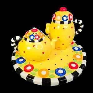 Mary Engelbreit Afternoon Tea Salt Pepper Shakers Tray Set Hand Painted Vtg READ